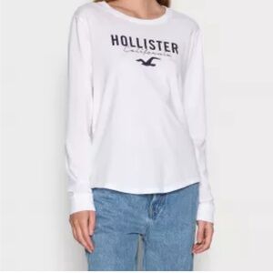Hollister White Long-Sleeve Logo Tee with Navy Graphic